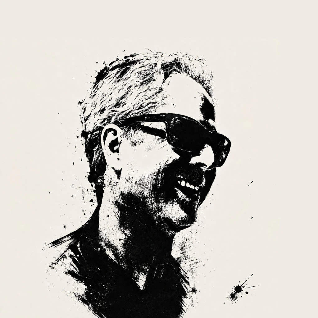 Black-and-white ink portrait of Carl Moebis wearing sunglasses