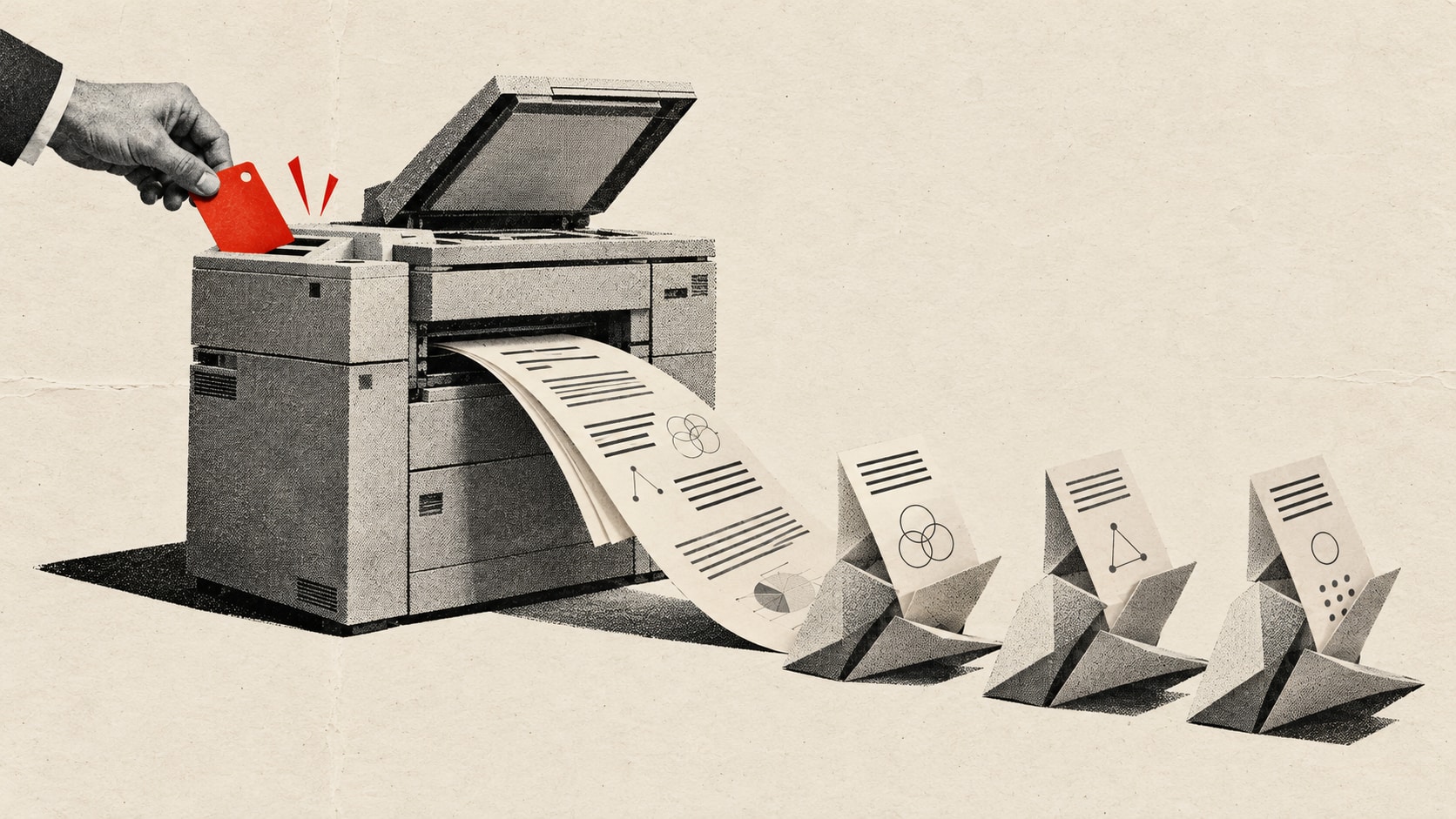 Editorial collage: an access card enables a photocopier to produce response pages that become smaller folded-paper models.