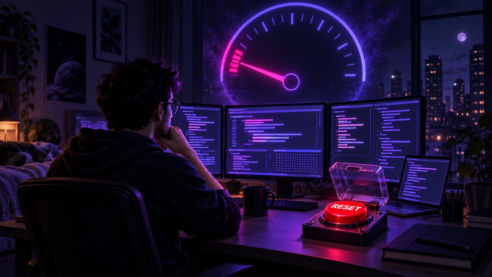 A developer at night watching an AI quota meter run down to empty next to a glowing reset button