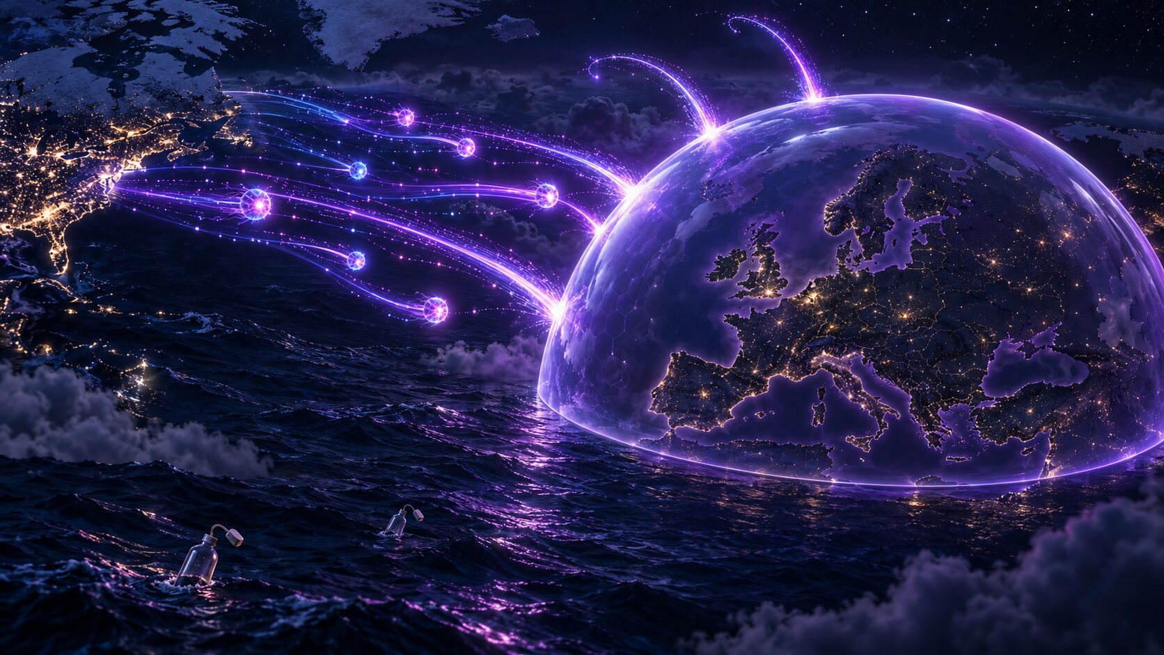 A glowing map of Europe under a glass dome while beams of AI light from North America bounce off it