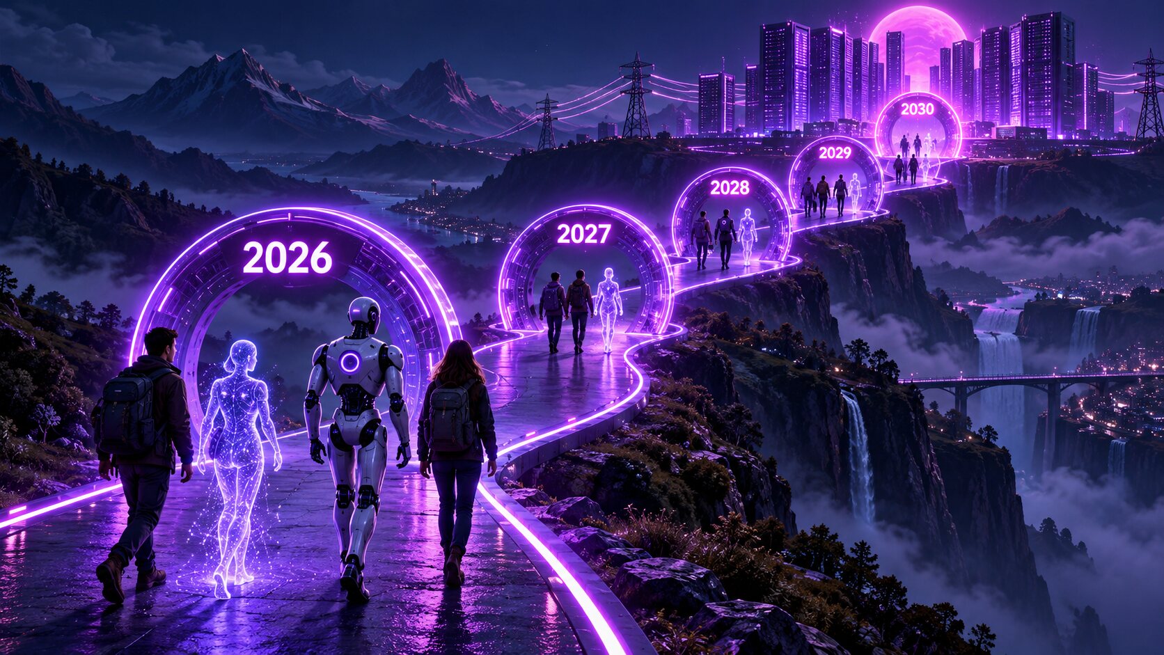 A glowing timeline path with gates for 2026 through 2030, walked by humans, AI agents, and a humanoid robot